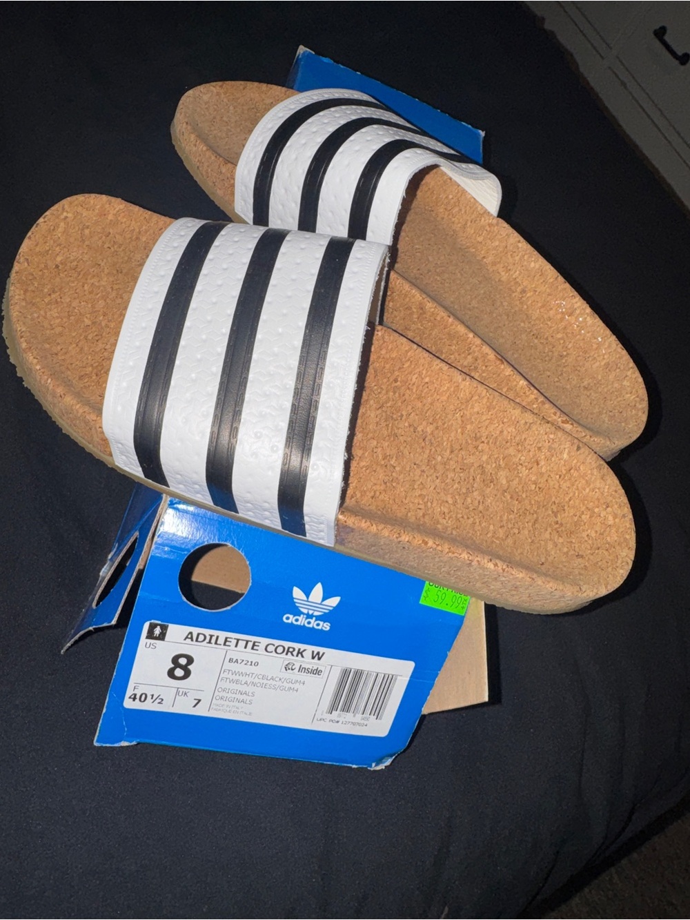 adidas Adilette Cork Slides in White and Black